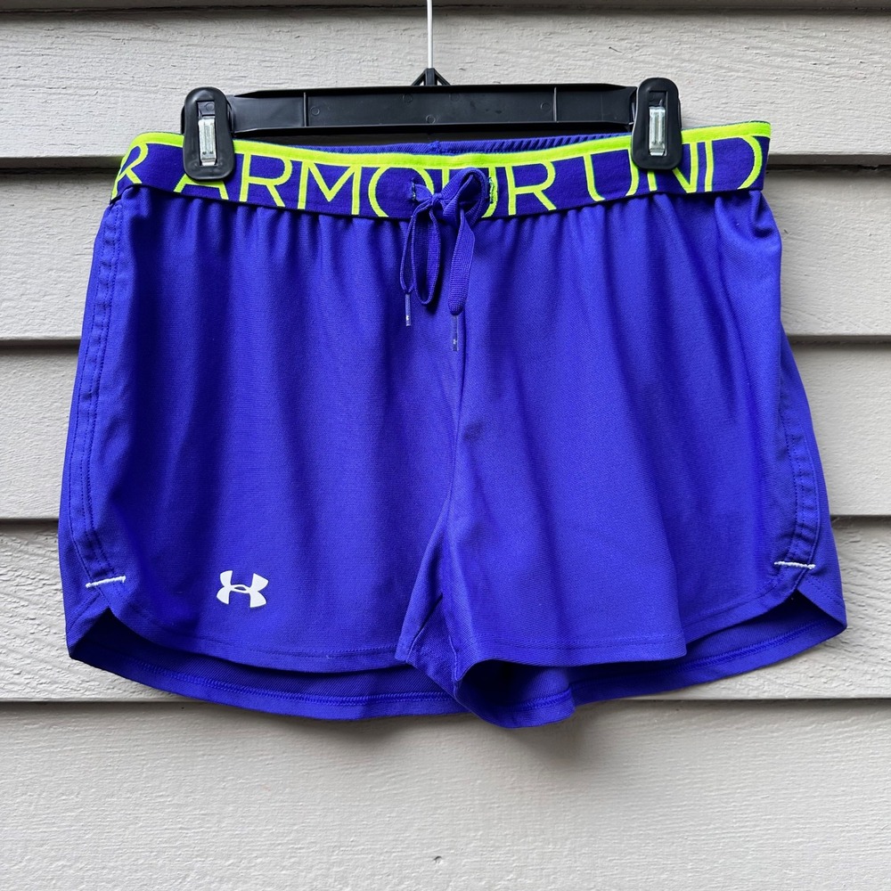 Under Armour HeatGear Purple Neon Yellow Logo Waistband Athletic Shorts Medium
